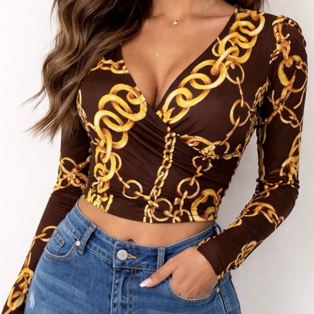 Chain-Print Wrap Crop Top - Brown